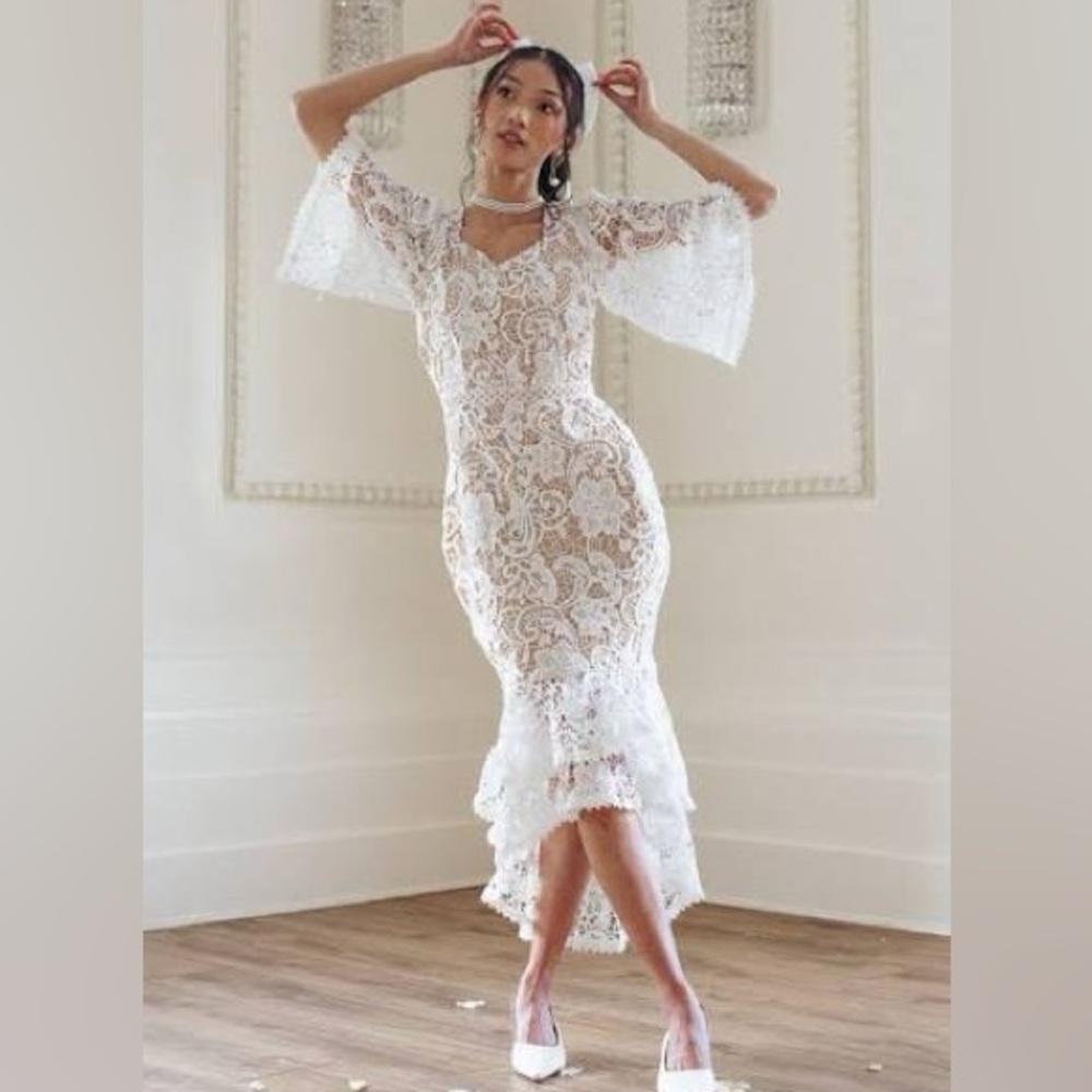 NWT Ivy City Co. Cecilia Embroidered White Lace Nude Long Maxi Dress Wedding 24W